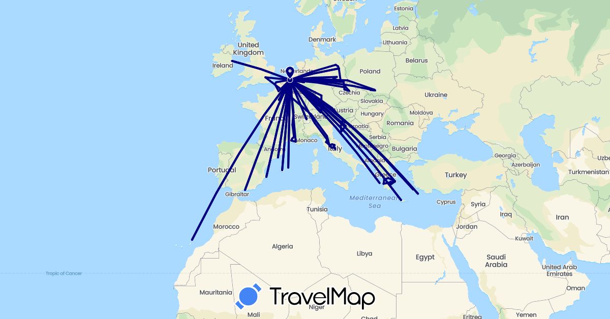 TravelMap itinerary: driving in Austria, Belgium, Switzerland, Czech Republic, Germany, Spain, France, United Kingdom, Greece, Croatia, Ireland, Italy, Netherlands, Poland, Slovenia (Europe)
